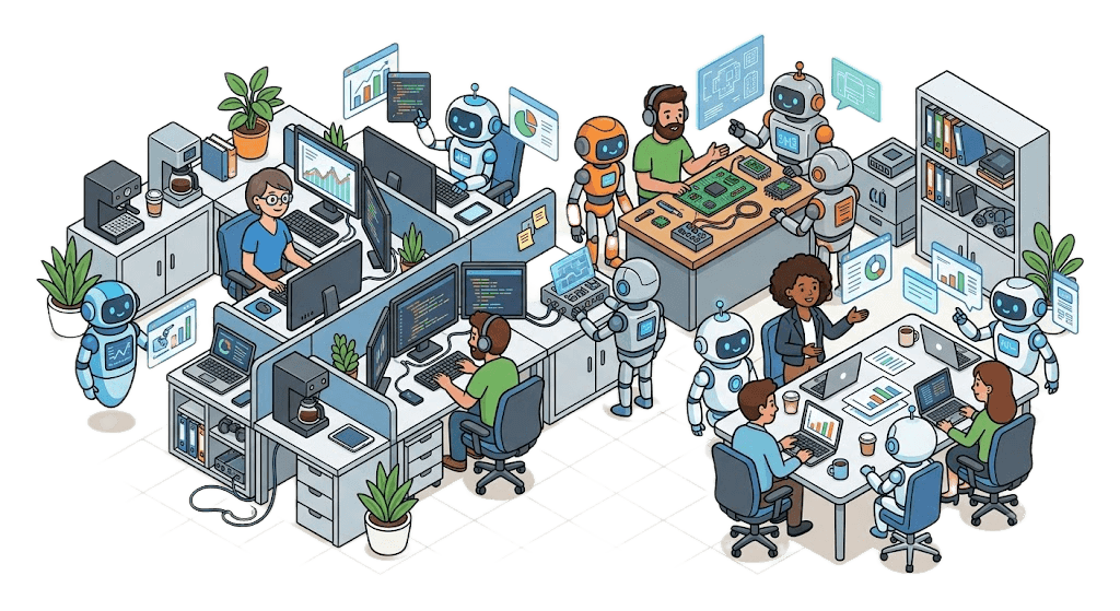 AI社員(ロボット)が人間の社員と一緒にオフィスで働いている様子のイラスト